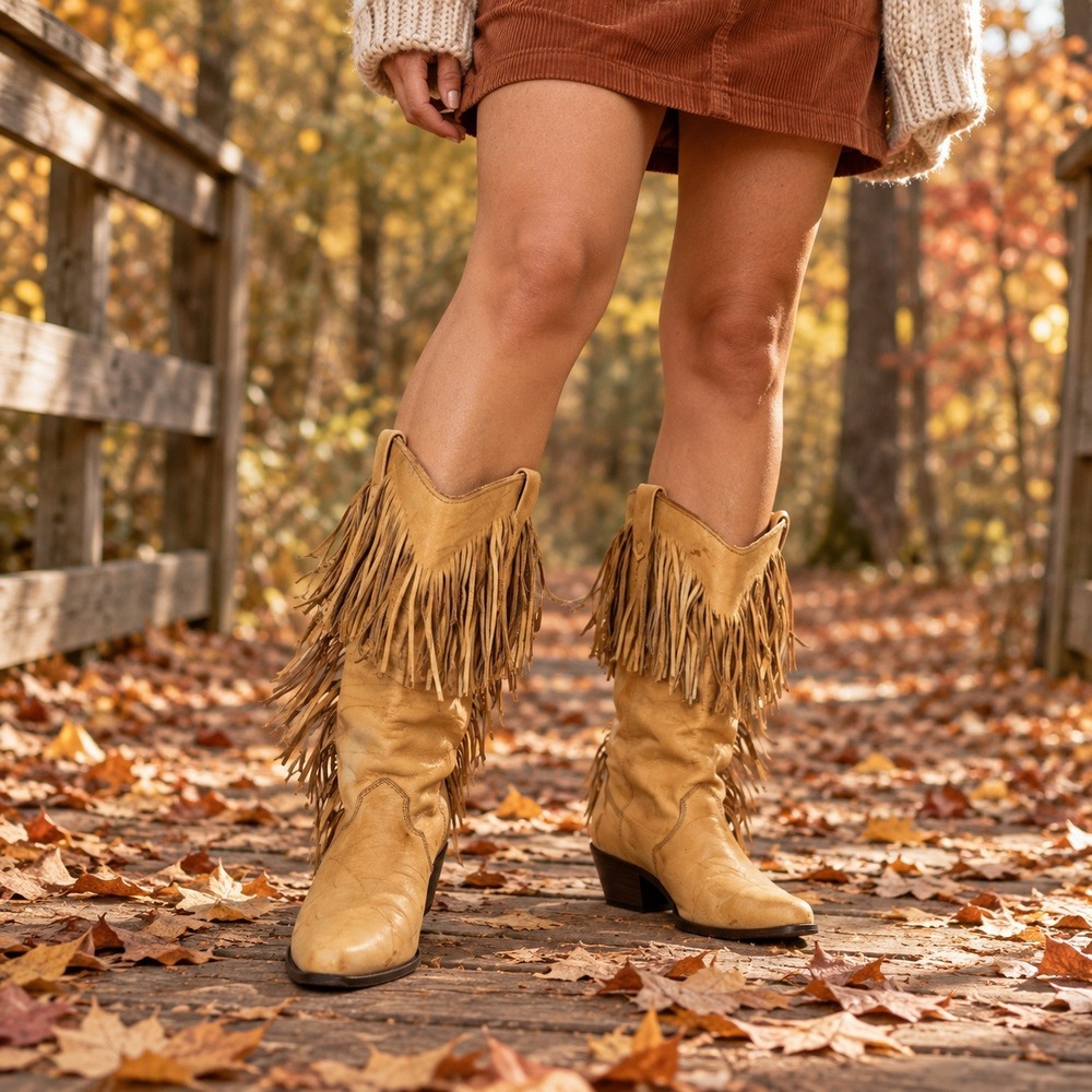 Vintage Dingo 8243 Tan Leather Fringe Cowboy Boots Women 5.5 M 1980s